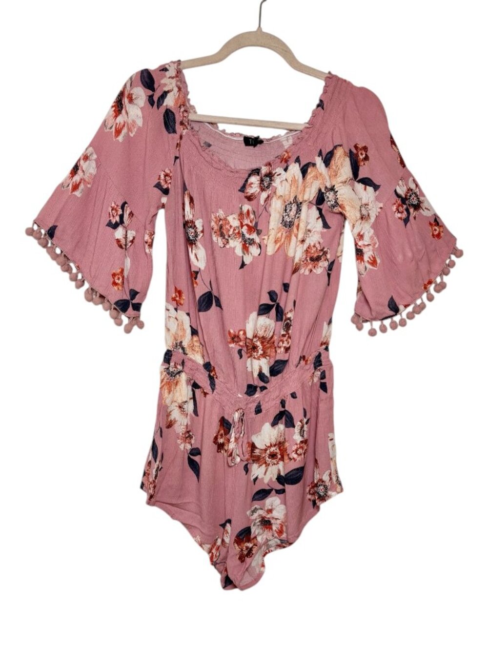 Timing Pink Floral Romper Boho Festival Pom Pom Sleeve Y2K Flowy Medium